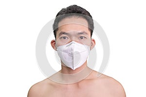 A close up of an asian man wearing a mask isolated on white background.