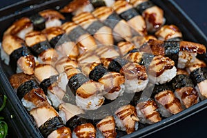 Close up of Asian Sushi on the plat, Japan street food market