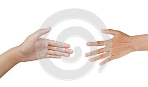 Close up Asian two female unrecognizable business women shaking hands, sign arm and hand isolated on a white background copy space