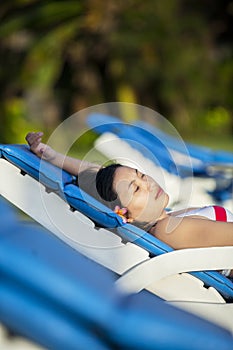 Close-up asian woman relax at beach resort