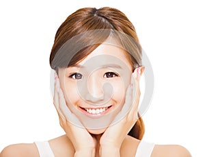 Close up of asian young woman's face with smile expression.