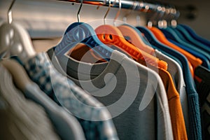 Close-up of assorted colorful clothes hanging on a rack, focusing on fashion and wardrobe organization