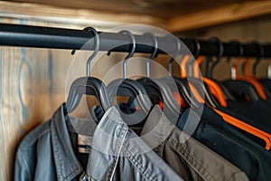 Close-up of assorted colorful clothes hanging on a rack, focusing on fashion and wardrobe organization