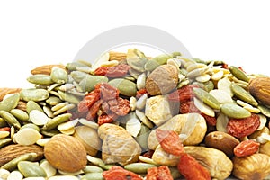 Close up assorted nuts are almonds, sunflower seeds, melon seeds, cashews, seasoned kee