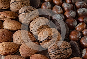 Close up of assortment nuts on a wooden table: wallnuts, almonds