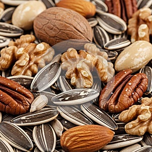 A close up assortment of various nuts and seeds is displayed