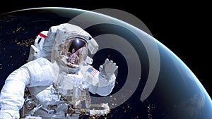 Close up of an astronaut in outer space, earth by night in the background