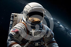 A close up of an astronaut in space