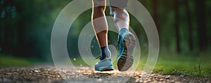 Close up Athlete runner feet running on the road. Running for healthy life background. Generative AI