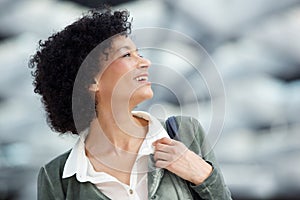 Close up attractive middle age woman laughing and looking away
