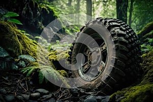 close-up of atv tire on mossy forest floor