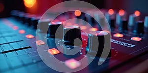 Close-up of audio interface knobs and buttons in home studio output audio engineering headphone amp