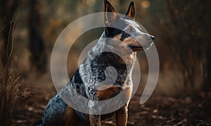 close up of Australian Cattle Dog in forest. Generative AI