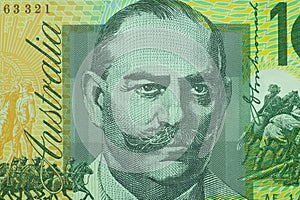 Close up on Australian dollar banknotes. Portrait of JOHN MONASH on 100AUD Banknotes. Shooting by 1:1 Macro lense. I
