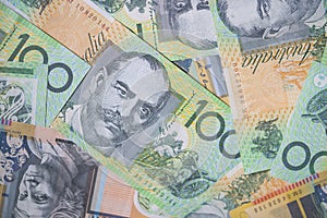 Close up of Australian one hundred dollar bills