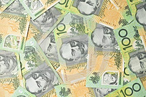 Close up of Australian one hundred dollar bills