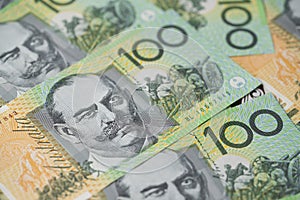 Close up of Australian one hundred dollar bills