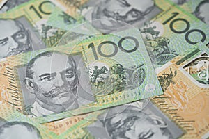 Close up of Australian one hundred dollar bills