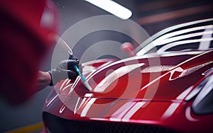 Close up of a auto body mechanic buffing a scratch on a red sports car.