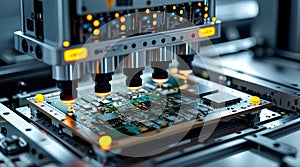 A close-up of an automated machine placing components on a circuit board