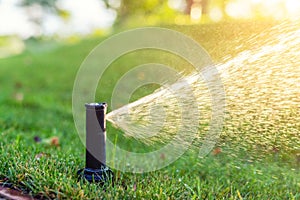 Close-up automatic garden watering system with different sprinklers installed under turf. Landscape design with lawn hills and