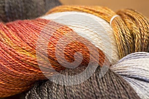 Close-up of autumn colored hanks of yarn