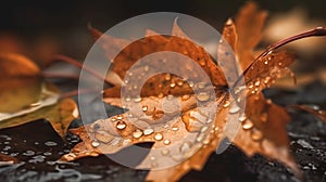 Close-up, autumn leaf in raindrops, generative AI.