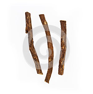 Close up of Ayurvedic herb Liquorice root,Licorice root, Mulethi or Glycyrrhiza glabra root on a wooden surface is very much