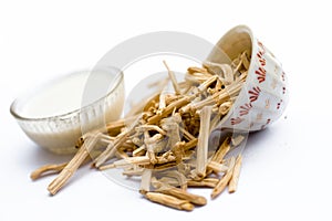 Close up of Ayurvedic herb Satavari or kurilo or Asparagus racemosus isolated on white in a glass bowl with milk.