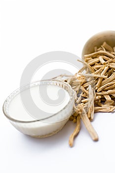 Close up of Ayurvedic herb Satavari or kurilo or Asparagus racemosus isolated on white in a glass bowl with milk. photo