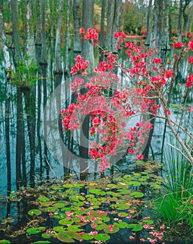 Close-up of Azaleas and lily pads that  fill the cypress tree swamp in Southern USA