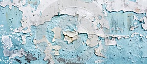 Close up of a azure and snow building facade with peeling paint