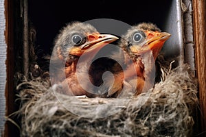 close-up of baby birds hatching in mailbox nest