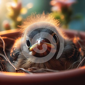 Close-up of baby chick sitting in pot plant nest