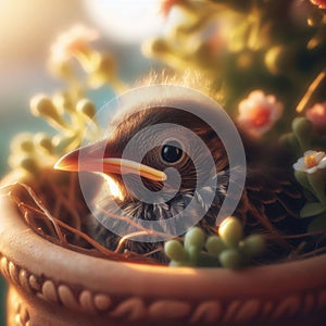 Close-up of baby chick sitting in pot plant nest