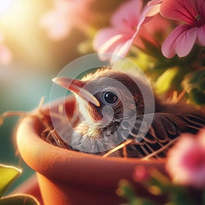 Close-up of baby chick sitting in pot plant nest