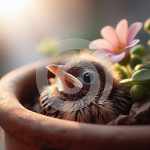 Close-up of baby chick sitting in pot plant nest