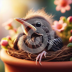 Close-up of baby chick sitting in pot plant nest