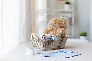 Close up of baby clothes and toys for newborn