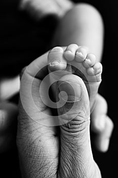 Close up baby feet in mother hands on a black background.Black and white photo.