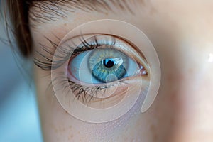 Close up baby girl eye photo. Caucasian kid child girl eye macro nature beauty blue color iris and brown hair. Look to