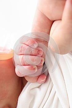 Close-up of baby& x27;s small hand, head, ear and palm of mother. Newborn tightly holding parents finger