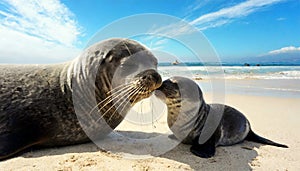 Close-up of a Baby Seal Kissing its Mother in a Sunny Sandy Beach - Generative Ai