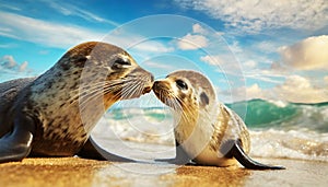 Close-up of a Baby Seal Kissing its Mother in a Sunny Sandy Beach - Generative Ai