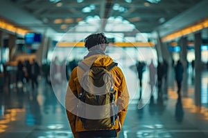 Close-up at back of a man with backpack bag waiting at airport terminal