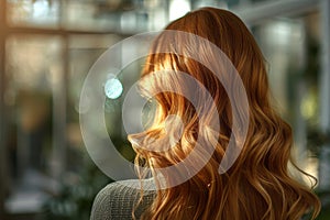 Close-up back view portrait of charming Caucasian young woman with long flowing wavy dyed hair. Sexy blonde girl with