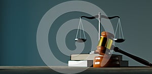 Close-up background of courtroom gavel and scales of justice on desk, 3d