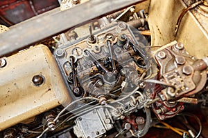 Close up background image metal boat engine with oil stains