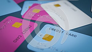 Close-up background of various colored credit cards, 3d rendering