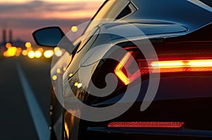 Close up on backlight of a generic unbranded sport car at sunset, generative ai illustration